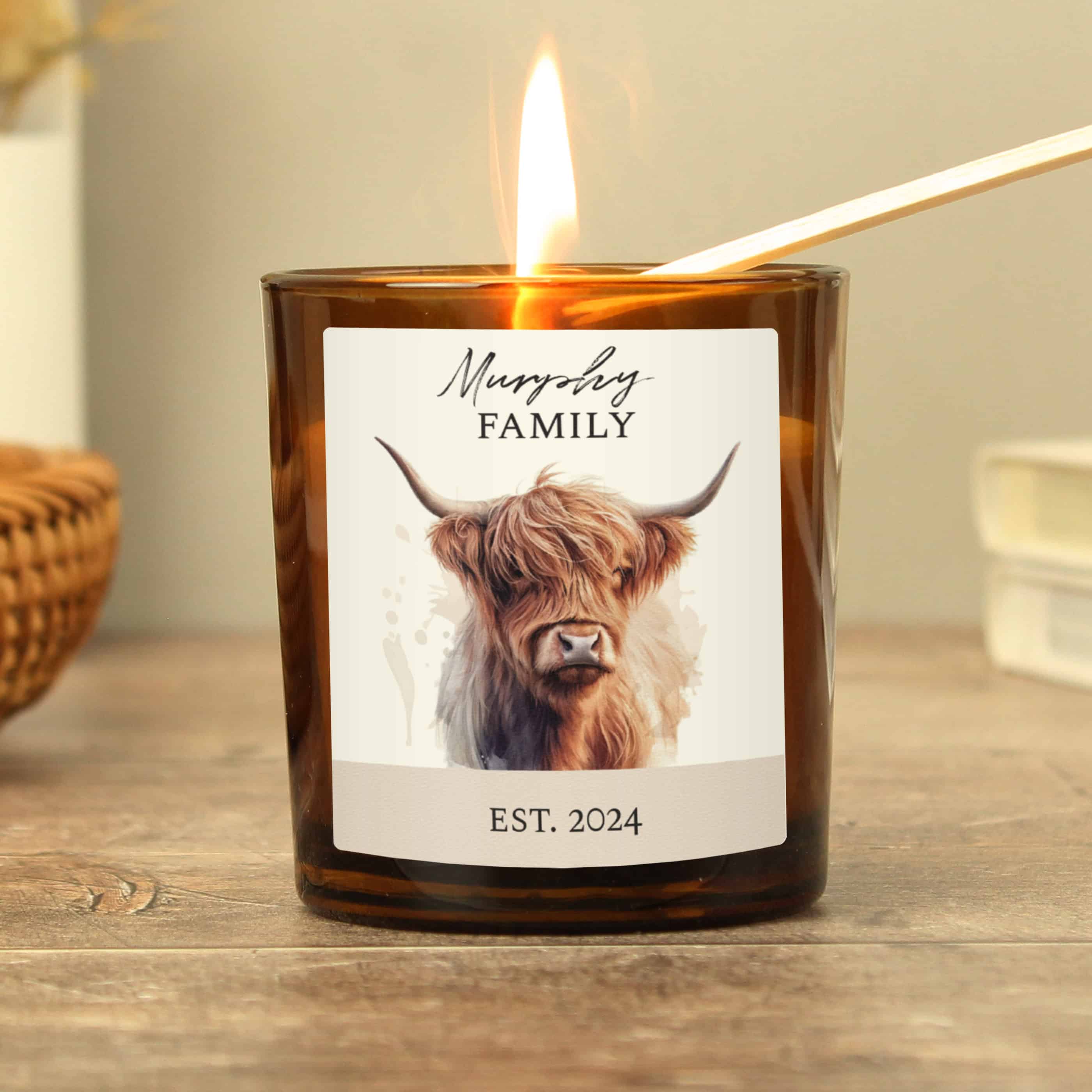 Personalised Highland Cow Glass Candle.