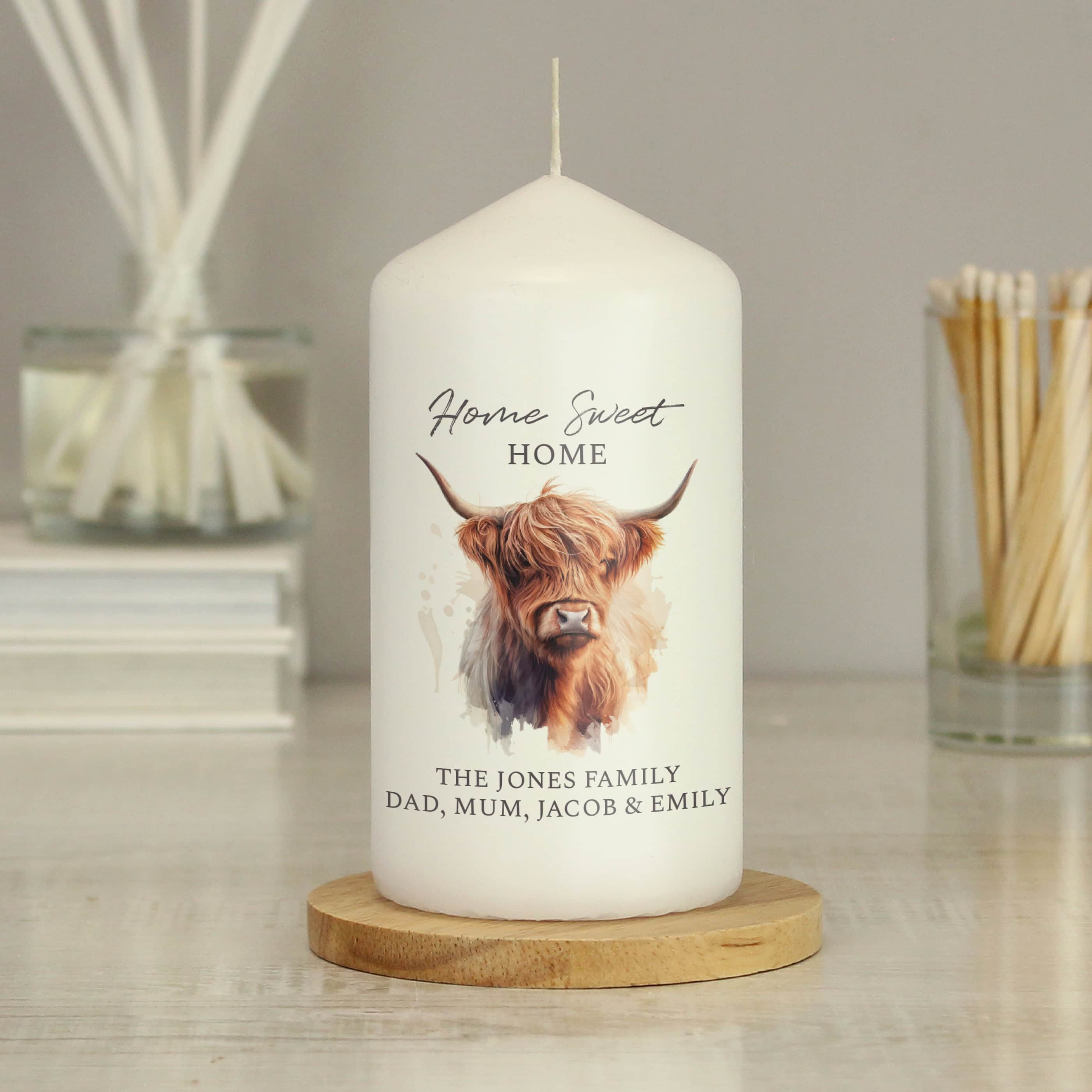 Personalised Highland Cow Pillar Candle.