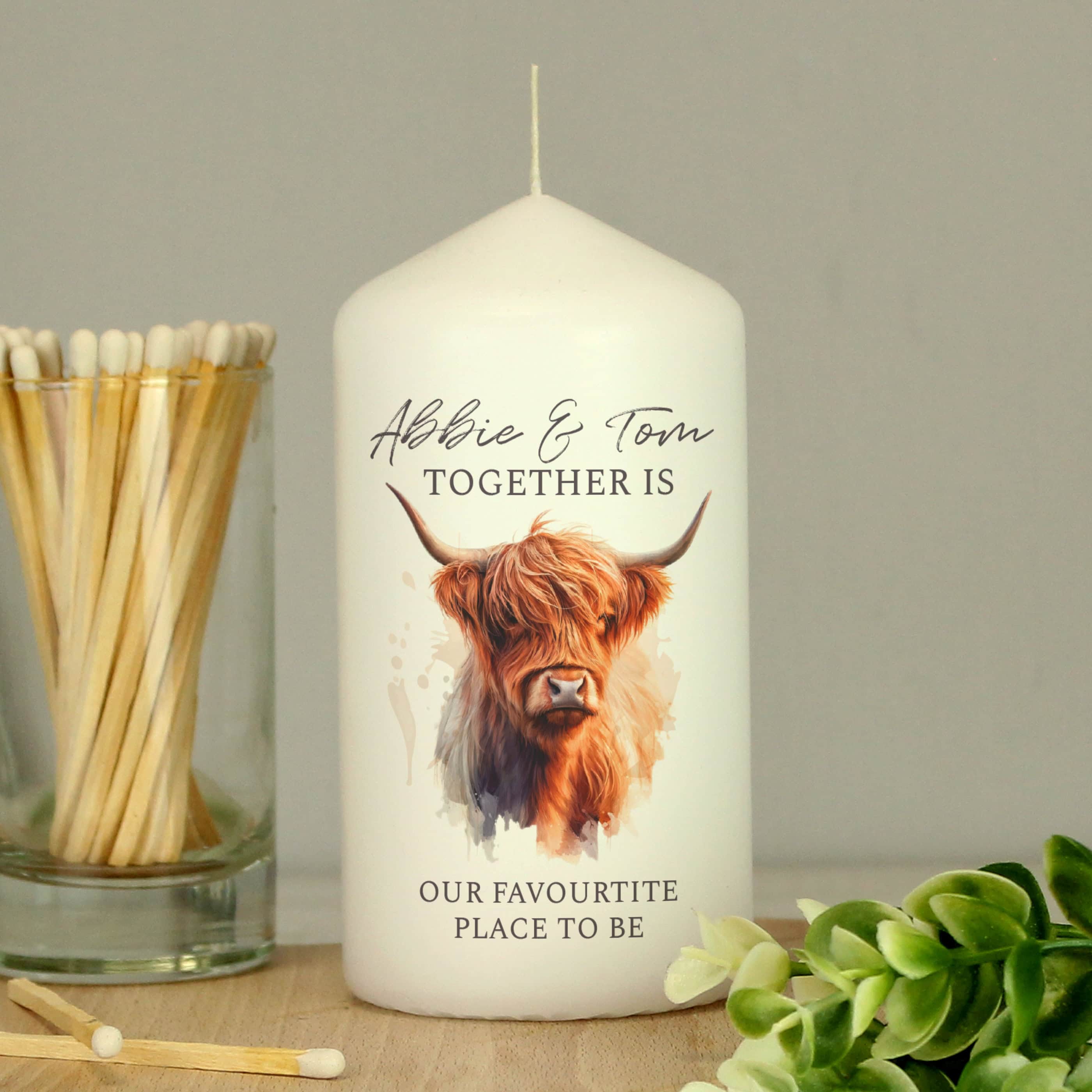 Personalised Highland Cow Pillar Candle.