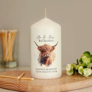 Personalised Highland Cow Pillar Candle.