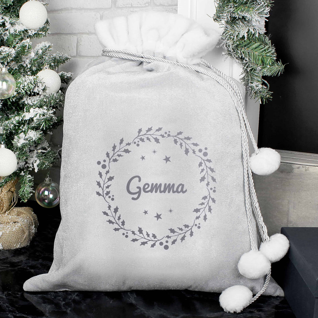 Personalised Holly Grey Christmas Sack
